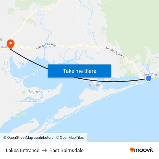 Lakes Entrance to East Bairnsdale map