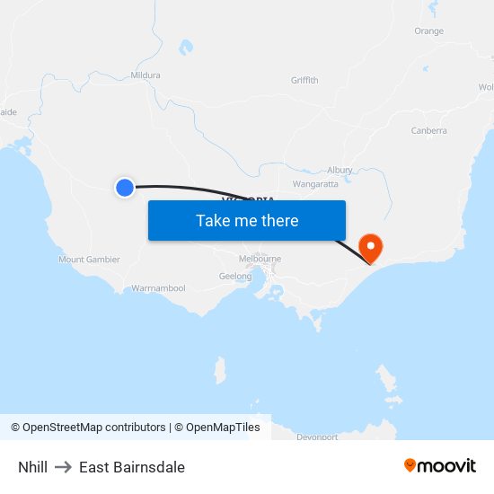 Nhill to East Bairnsdale map