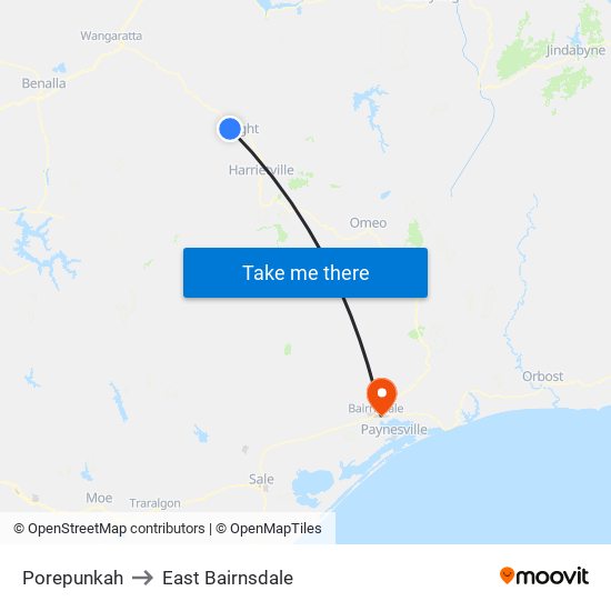 Porepunkah to East Bairnsdale map