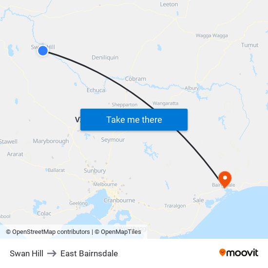 Swan Hill to East Bairnsdale map