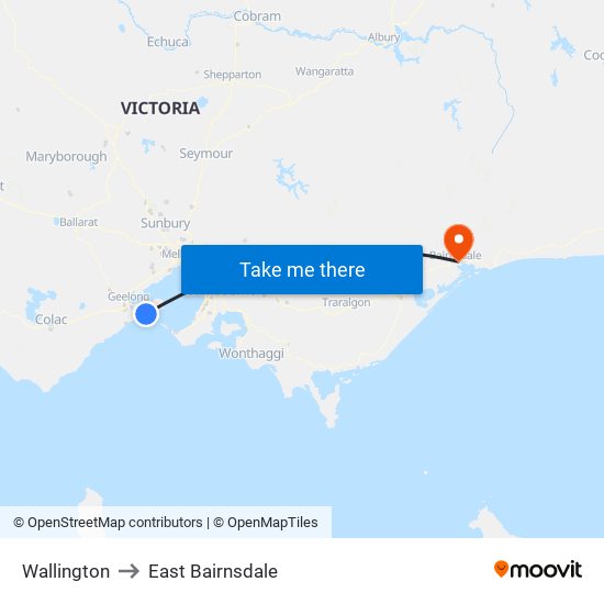 Wallington to East Bairnsdale map