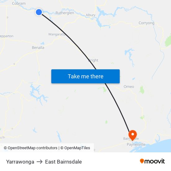 Yarrawonga to East Bairnsdale map