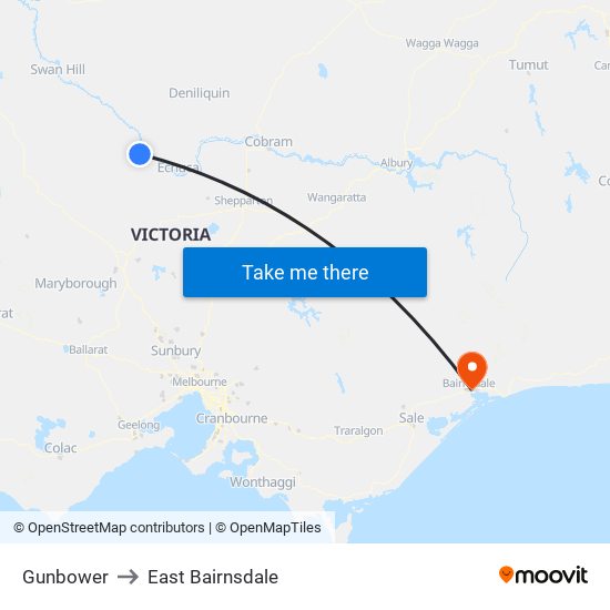 Gunbower to East Bairnsdale map