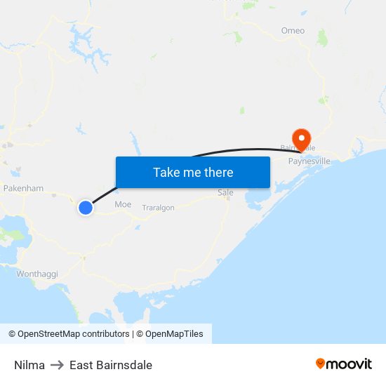Nilma to East Bairnsdale map