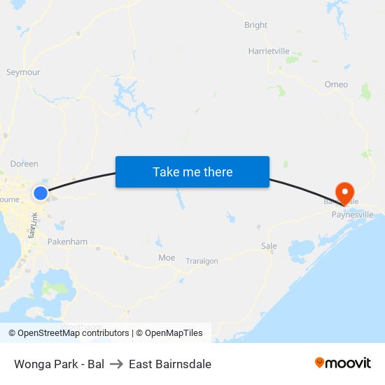 Wonga Park - Bal to East Bairnsdale map