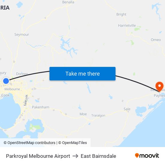 Parkroyal Melbourne Airport to East Bairnsdale map