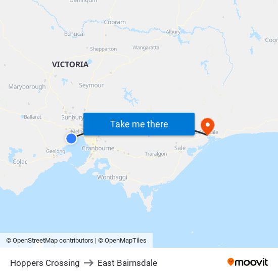 Hoppers Crossing to East Bairnsdale map