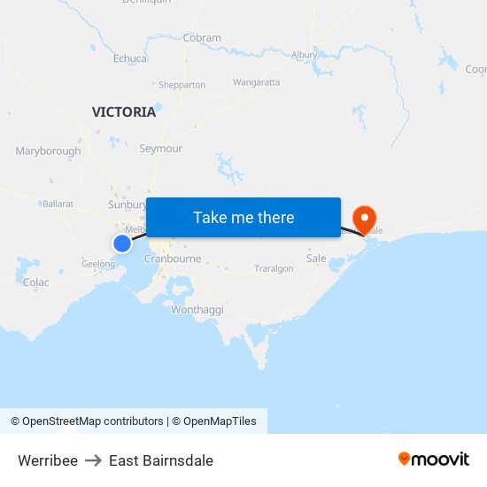 Werribee to East Bairnsdale map