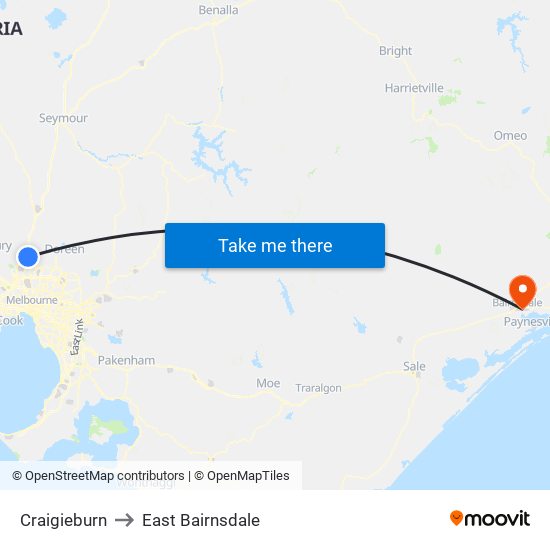 Craigieburn to East Bairnsdale map