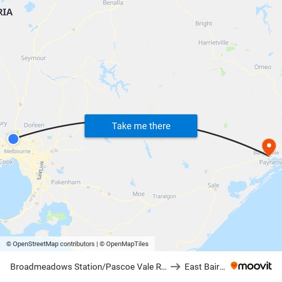 Broadmeadows Station/Pascoe Vale Rd (Broadmeadows) to East Bairnsdale map