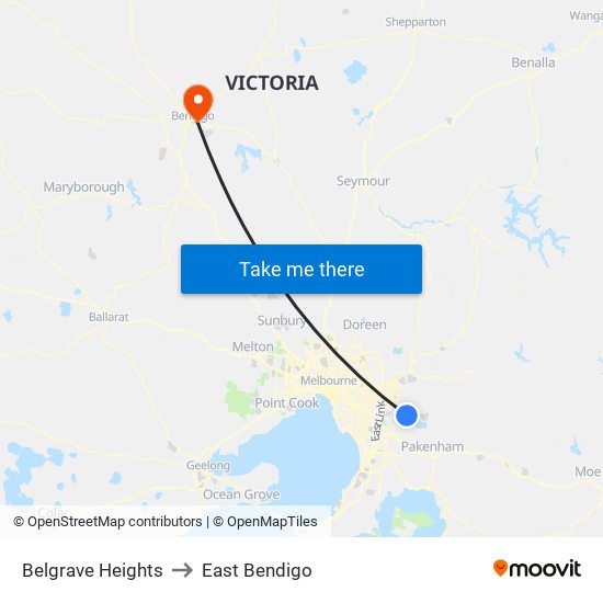 Belgrave Heights to East Bendigo map