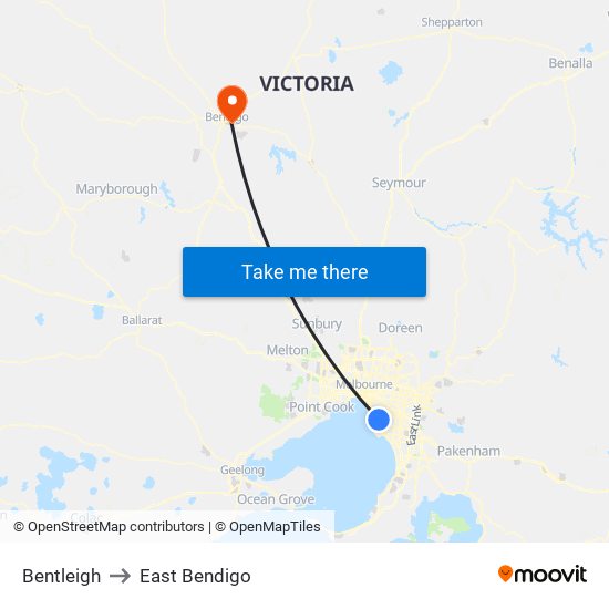 Bentleigh to East Bendigo map