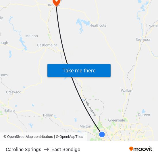 Caroline Springs to East Bendigo map