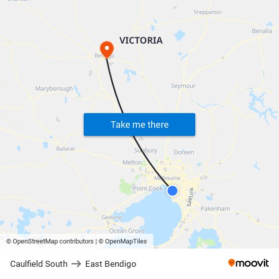 Caulfield South to East Bendigo map