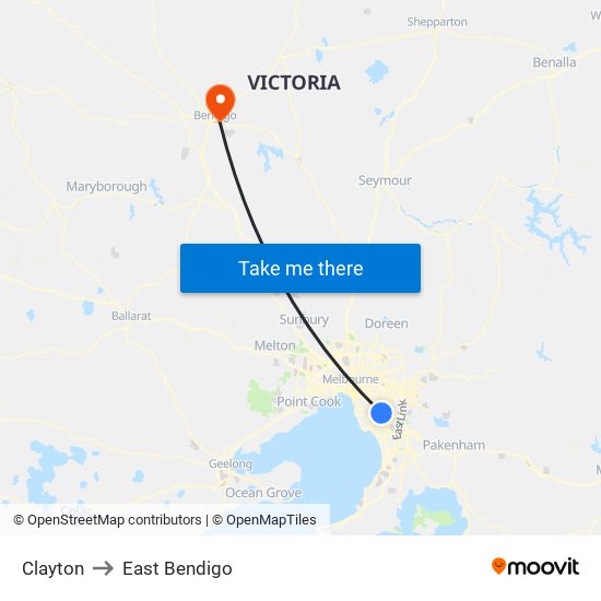 Clayton to East Bendigo map