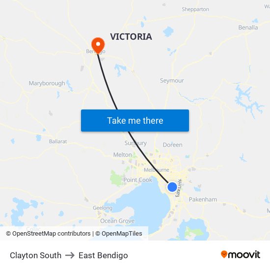 Clayton South to East Bendigo map