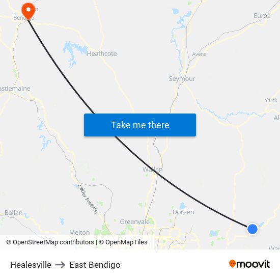 Healesville to East Bendigo map