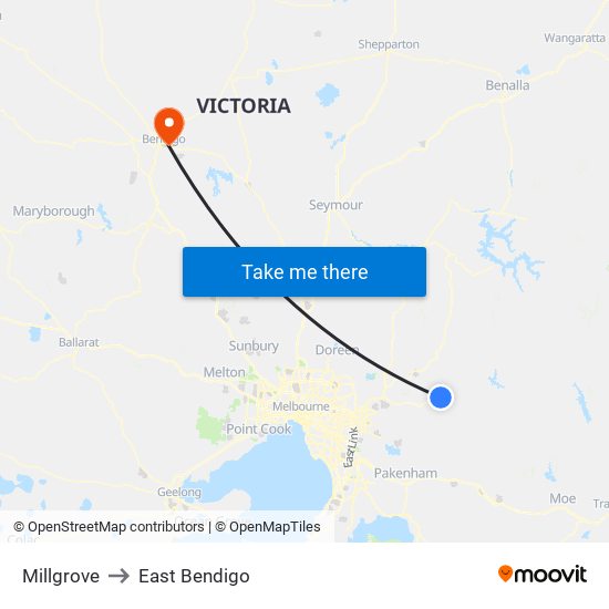 Millgrove to East Bendigo map