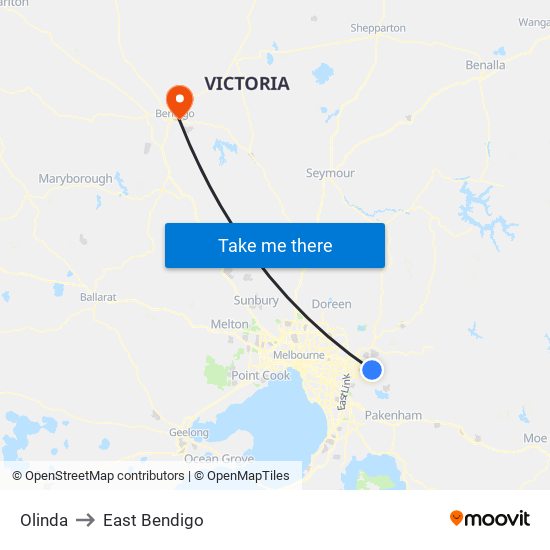 Olinda to East Bendigo map