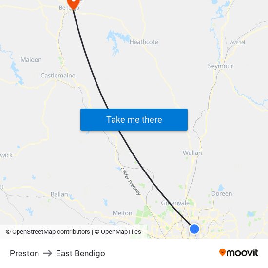 Preston to East Bendigo map