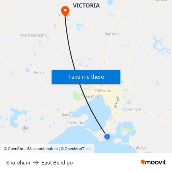 Shoreham to East Bendigo map