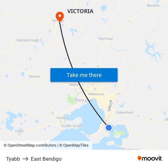 Tyabb to East Bendigo map