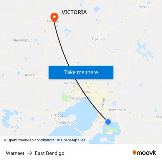 Warneet to East Bendigo map