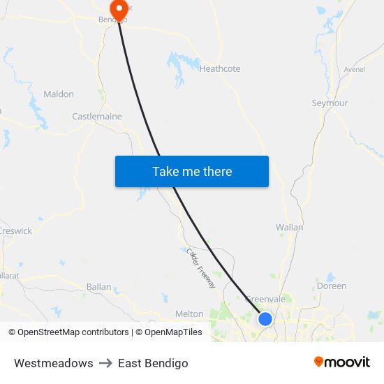 Westmeadows to East Bendigo map