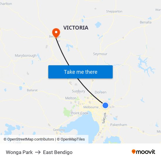 Wonga Park to East Bendigo map