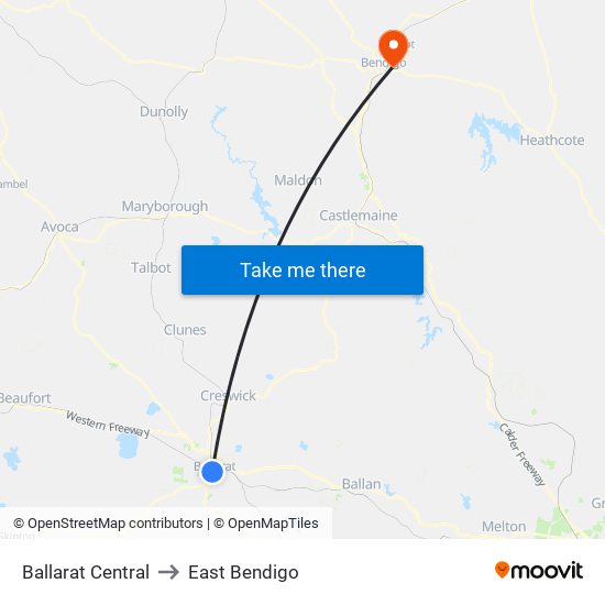 Ballarat Central to East Bendigo map