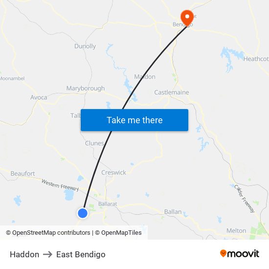 Haddon to East Bendigo map