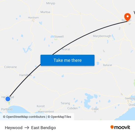 Heywood to East Bendigo map