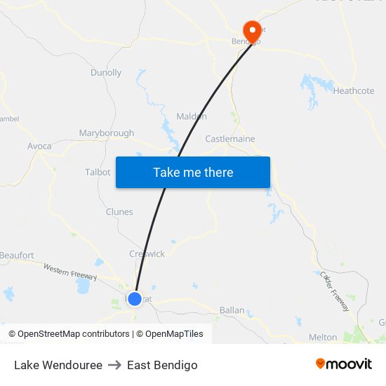 Lake Wendouree to East Bendigo map