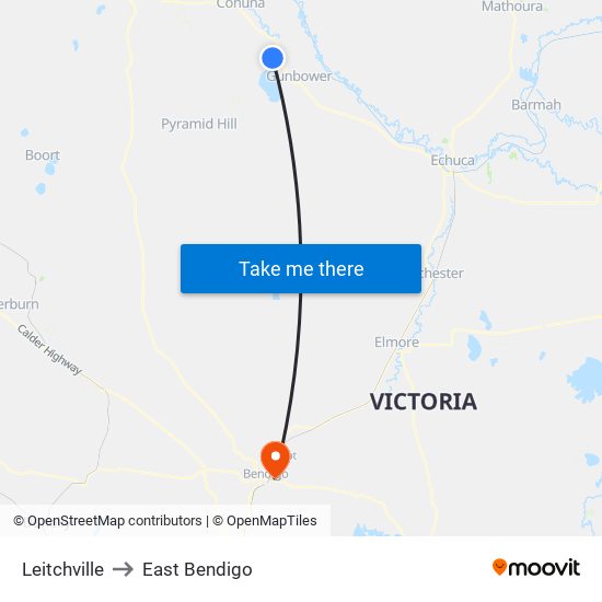 Leitchville to East Bendigo map