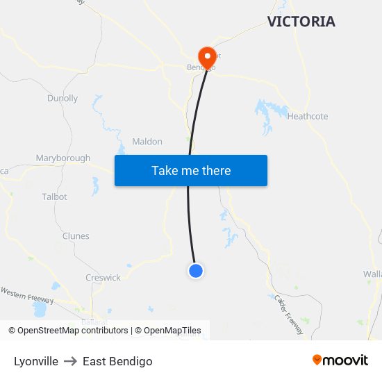 Lyonville to East Bendigo map