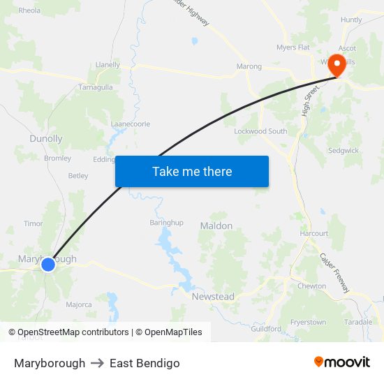 Maryborough to East Bendigo map