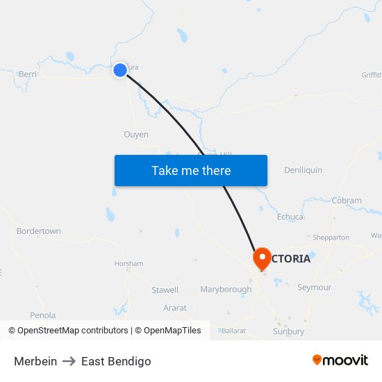 Merbein to East Bendigo map