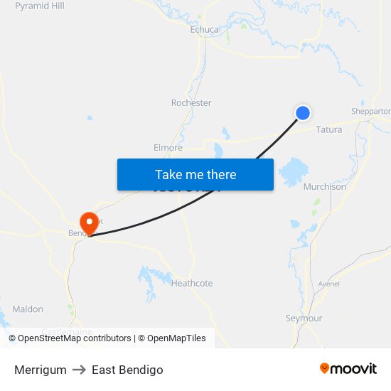 Merrigum to East Bendigo map