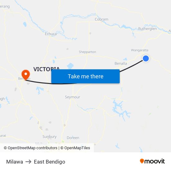 Milawa to East Bendigo map