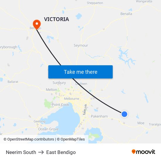 Neerim South to East Bendigo map