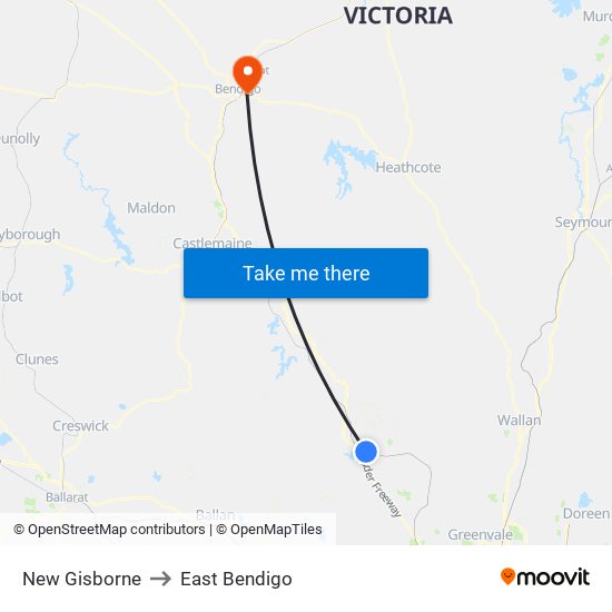 New Gisborne to East Bendigo map