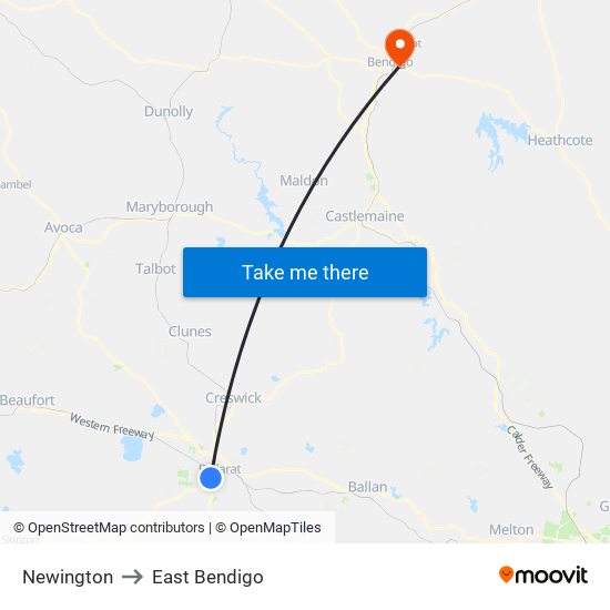 Newington to East Bendigo map