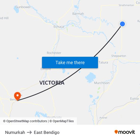 Numurkah to East Bendigo map