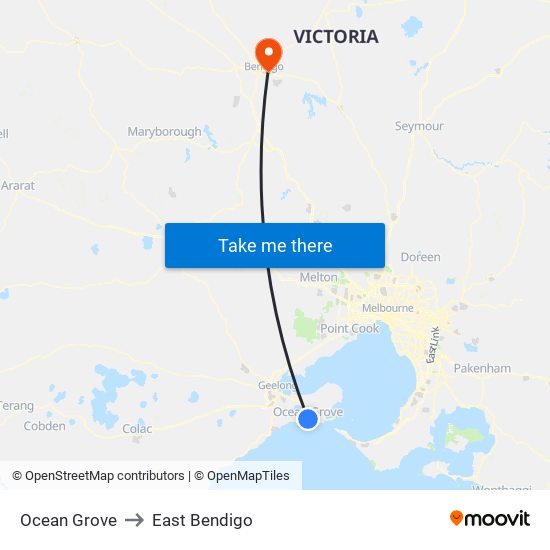 Ocean Grove to East Bendigo map