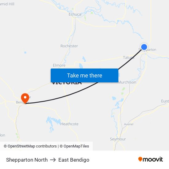 Shepparton North to East Bendigo map