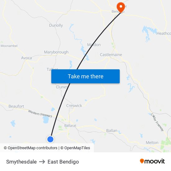 Smythesdale to East Bendigo map