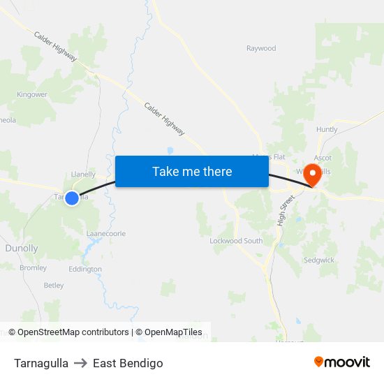 Tarnagulla to East Bendigo map