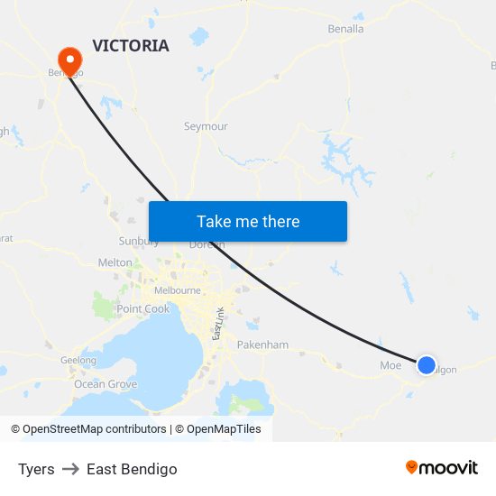 Tyers to East Bendigo map