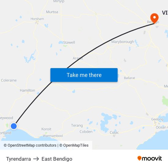 Tyrendarra to East Bendigo map
