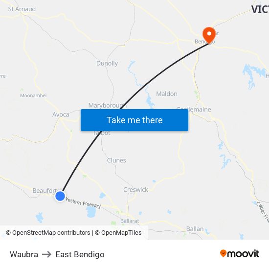 Waubra to East Bendigo map